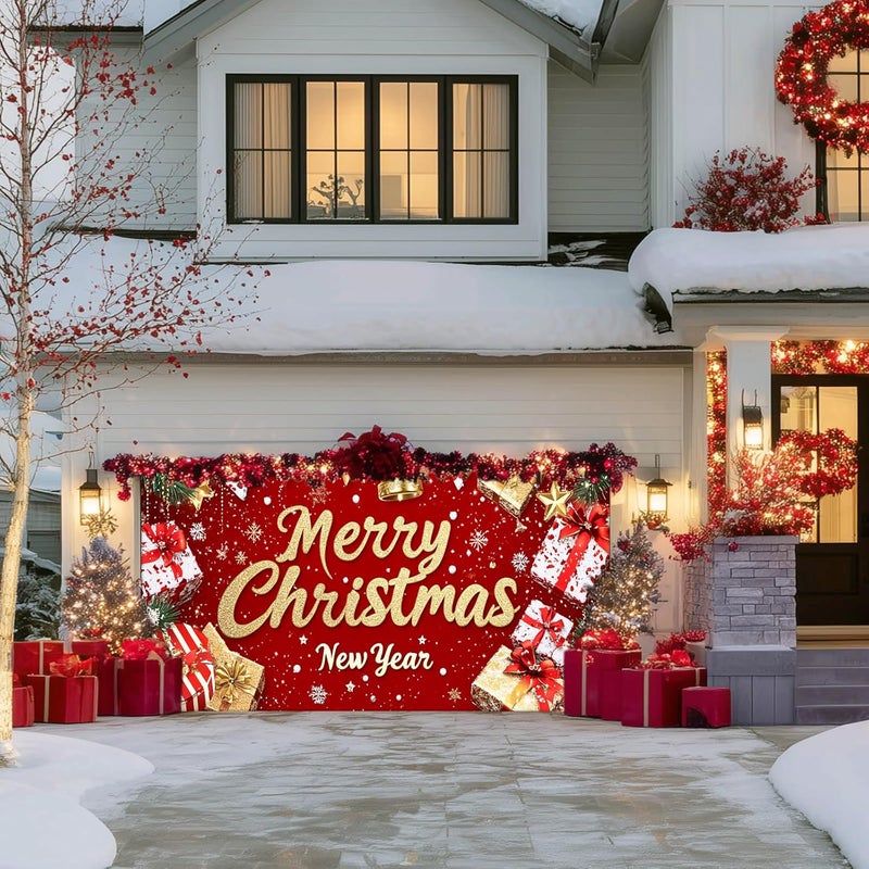 IVN Christmas Garage Door Cover Decoration 13x6ft Red Glitter Wrapped Gifts Golden Bells Snowflakes Merry Christmas Winter Garage Door Banner Home Door Front Yard Decor for Xmas Eve Holiday Outdoor - Image 4